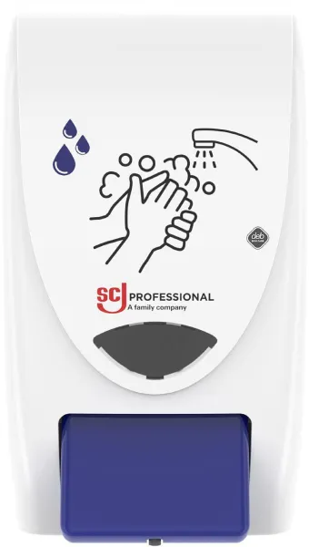 Deb Stoko Cleanse Light Dispenser för krämsepa med rengöringseffekt, vit plast med blå tryckknapp, 2 L